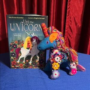 Mexican Felted Folk Art Embroidered Unicorn Plush + Book Set